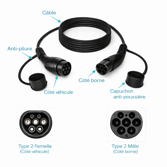 Câble de recharge Type 2 monophasé et triphasé 7,4 kW / 11 kW / 22 kW – IP55